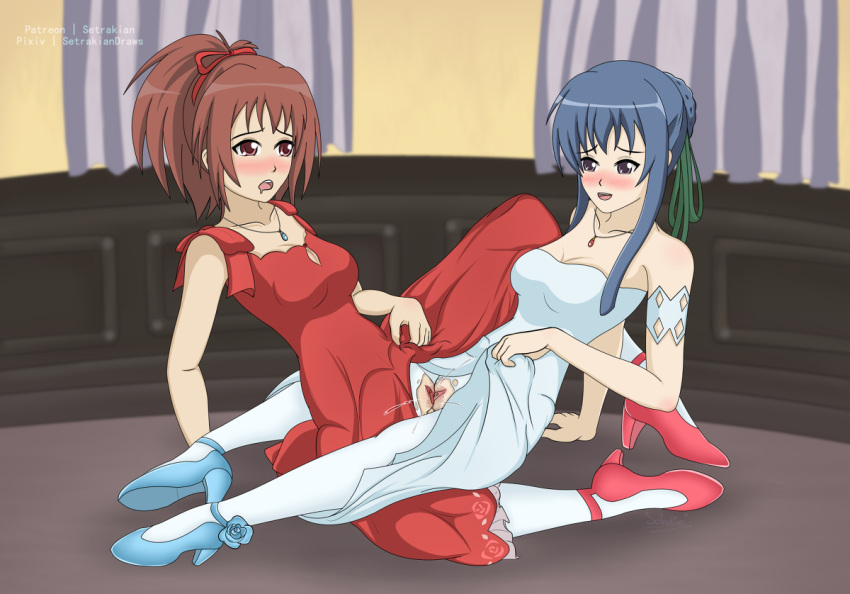 &eacute;toile 2girls aoi_nagisa arm_support blue_hair blue_necklace blue_shoes blush breasts clothed_sex couple dress dress_lift eye_contact flower green_ribbon hair_bun hair_ornament high_heels jewelry leaning_back long_hair looking_at_another medium_breasts multiple_girls necklace no_panties pantyhose pussy_juice red_dress red_hair red_necklace red_ribbon red_shoes ribbon setrakian_draws strawberry_panic strawberry_panic! suzumi_tamao tied_hair torn_clothes torn_pantyhose tribadism uncensored white_dress yuri