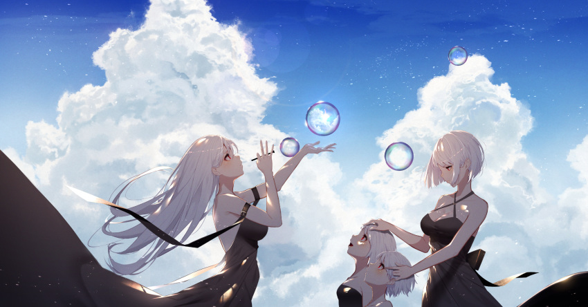 3girls :d age_difference albino ambiguous_gender arm_up bare_shoulders black_dress blue_sky blush breasts bubble_blowing buckle cleavage cloud collarbone commentary_request criss-cross_halter day dress floating_hair from_side halter_dress halterneck hand_on_another's_head highres holding kisui_(user_wswf3235) large_breasts long_hair looking_up medium_breasts multiple_girls open_mouth original outdoors outstretched_hand profile red_eyes reflection short_hair silver_hair sky smile soap_bubbles strapless strapless_dress tareme very_long_hair wind