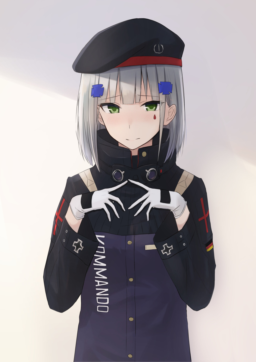 1girl absurdres alternate_hair_length alternate_hairstyle bangs beret blunt_bangs blush breasts clothes_writing eyebrows_visible_through_hair facial_mark fingers_together girls_frontline gloves green_eyes grey_hair hair_ornament hat highres hk416_(girls_frontline) jacket long_hair looking_at_viewer medium_breasts piroshiki_(aoraro) simple_background smile solo teardrop