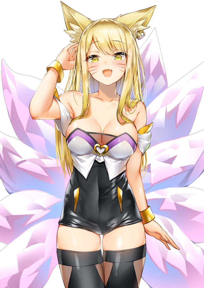 1girl :d ahri animal_ear_fluff animal_ears arm_up bangs black_dress black_legwear blonde_hair blush breasts cleavage collarbone commentary dress ear_piercing eyebrows_visible_through_hair fang fox_ears fox_girl fox_tail heart highres k/da_(league_of_legends) k/da_ahri kyuubi large_breasts league_of_legends lee_seok_ho long_hair looking_at_viewer multiple_tails open_mouth piercing simple_background skindentation smile solo strapless strapless_dress tail thigh_gap thighhighs very_long_hair whisker_markings white_background yellow_eyes