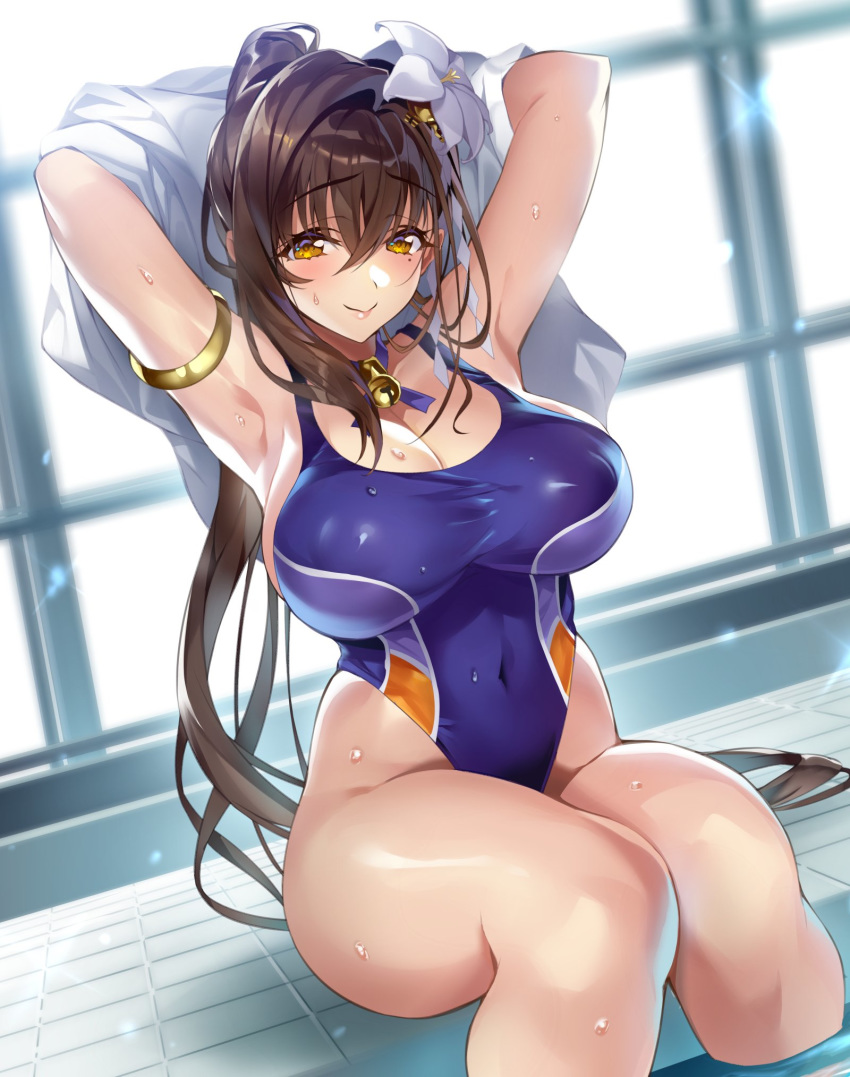 1girl arm_strap armlet armpits arms_behind_head arms_up backlighting bangs bell bell_choker blue_choker blue_ribbon blue_swimsuit blurry blush bokeh breasts brown_hair choker cleavage closed_mouth competition_swimsuit covered_navel covered_nipples day depth_of_field diffraction_spikes dutch_angle eyebrows_visible_through_hair feet_out_of_frame flower gan_(shanimuni) groin hair_between_eyes hair_flower hair_intakes hair_ornament high_ponytail highleg highleg_swimsuit highres holding holding_towel indoors jingle_bell kanpani_girls large_breasts legs_together light_smile lily_(flower) lips long_hair long_ponytail looking_at_viewer mole mole_under_eye one-piece_swimsuit ponytail pool poolside puffy_nipples raised_eyebrows revision ribbon ribbon_choker shide shiny shiny_clothes shiny_hair shiny_skin shirayuri_sakura sidelocks single_hair_intake single_sidelock sitting smile soaking_feet solo sunlight swimsuit taut_clothes thighs tile_floor tiles towel very_long_hair water wet white_flower white_towel window yellow_eyes