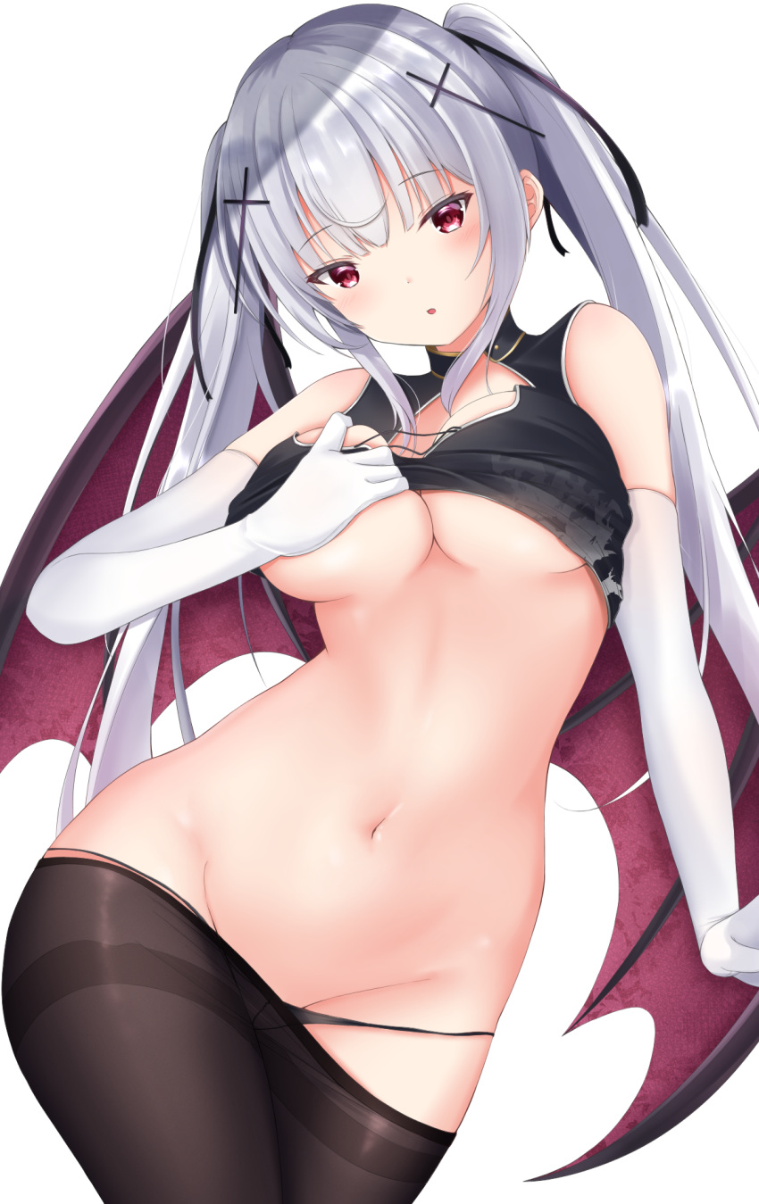 1girl :o bangs black_legwear black_panties blush breasts chinese_clothes cleavage_cutout contrapposto cowboy_shot crop_top crop_top_lift cross_hair_ornament doyachii elbow_gloves gloves grabbing_own_breast grey_hair groin hair_ornament head_tilt highres lifted_by_self long_hair navel original panties panties_under_pantyhose panty_pull pantyhose pantyhose_pull red_eyes sidelocks simple_background skindentation solo stomach twintails underboob underwear very_long_hair white_background white_gloves