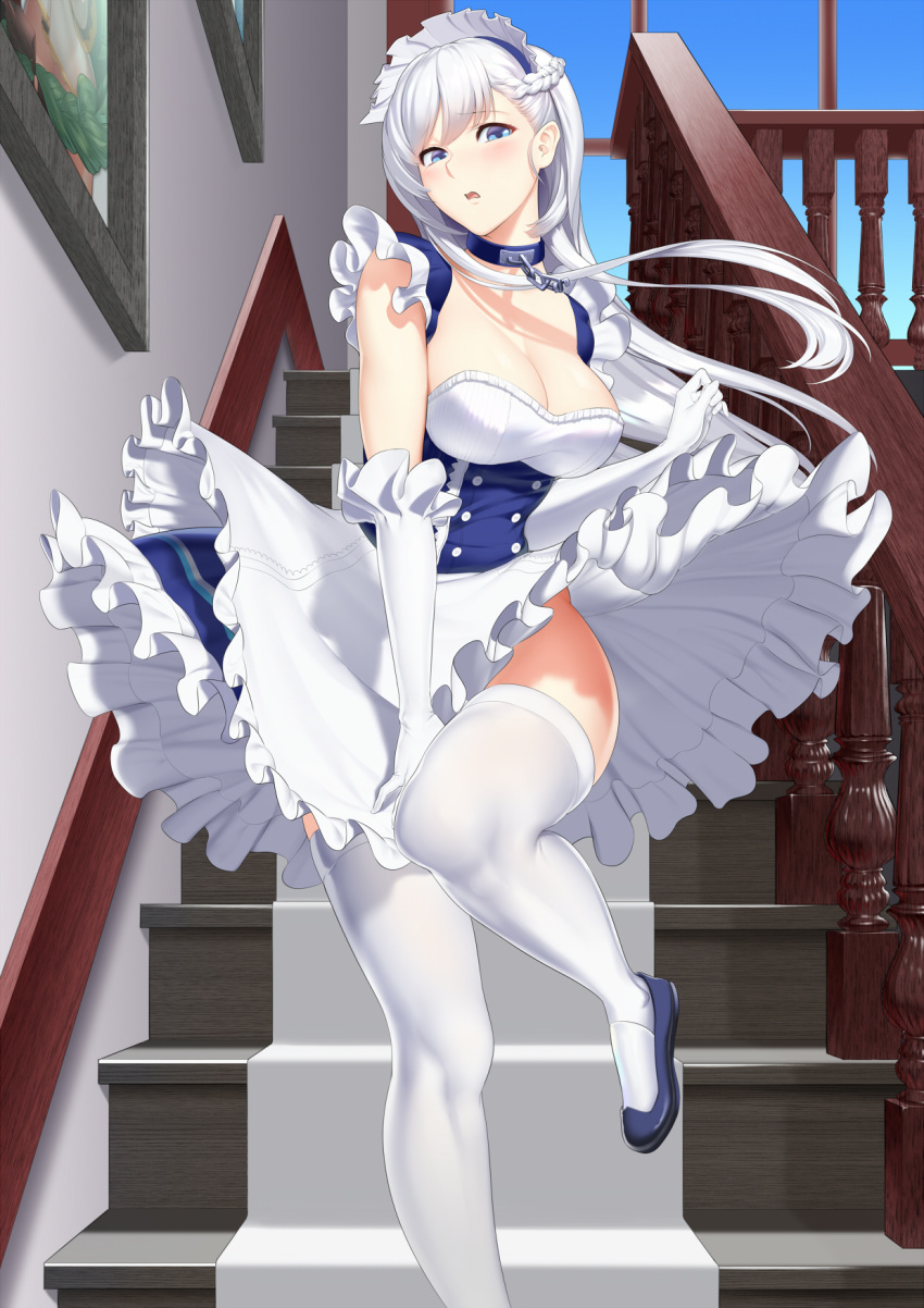 1girl :o apron azur_lane baiyin bangs belfast_(azur_lane) blue_eyes blue_sky blush braid breasts chains cleavage cloud collar collarbone commentary_request day dress eyebrows_visible_through_hair french_braid frills gloves highres indoors large_breasts long_hair looking_at_viewer maid maid_headdress open_mouth photo_(object) revision sidelocks silver_hair sky solo stairs white_gloves wind wind_lift window