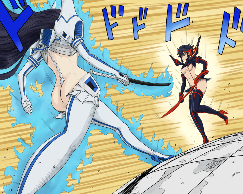 2girls ass boots high_heel_boots high_heels jojo_no_kimyou_na_bouken kill_la_kill kiryuuin_satsuki legwear matoi_ryuuko meme multiple_girls siblings sisters thigh_boots thighhighs weapons