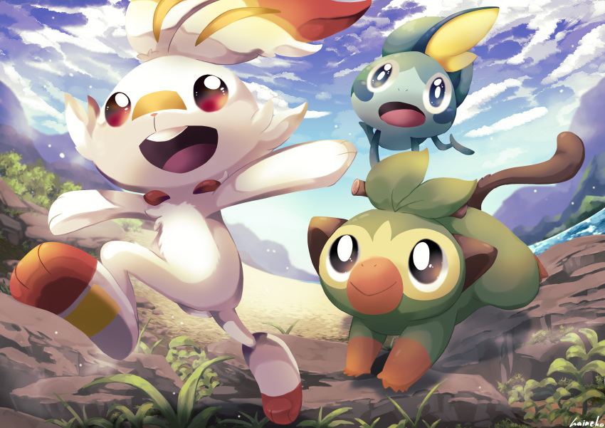 2019 ambiguous_gender blue_eyes brown_eyes cloud detailed_background fur green_fur grookey group hi_res long_ears markings nemesia/haineko nintendo open_mouth pink_nose pok&eacute;mon pok&eacute;mon_(species) red_eyes river scorbunny signature sky sobble video_games white_fur