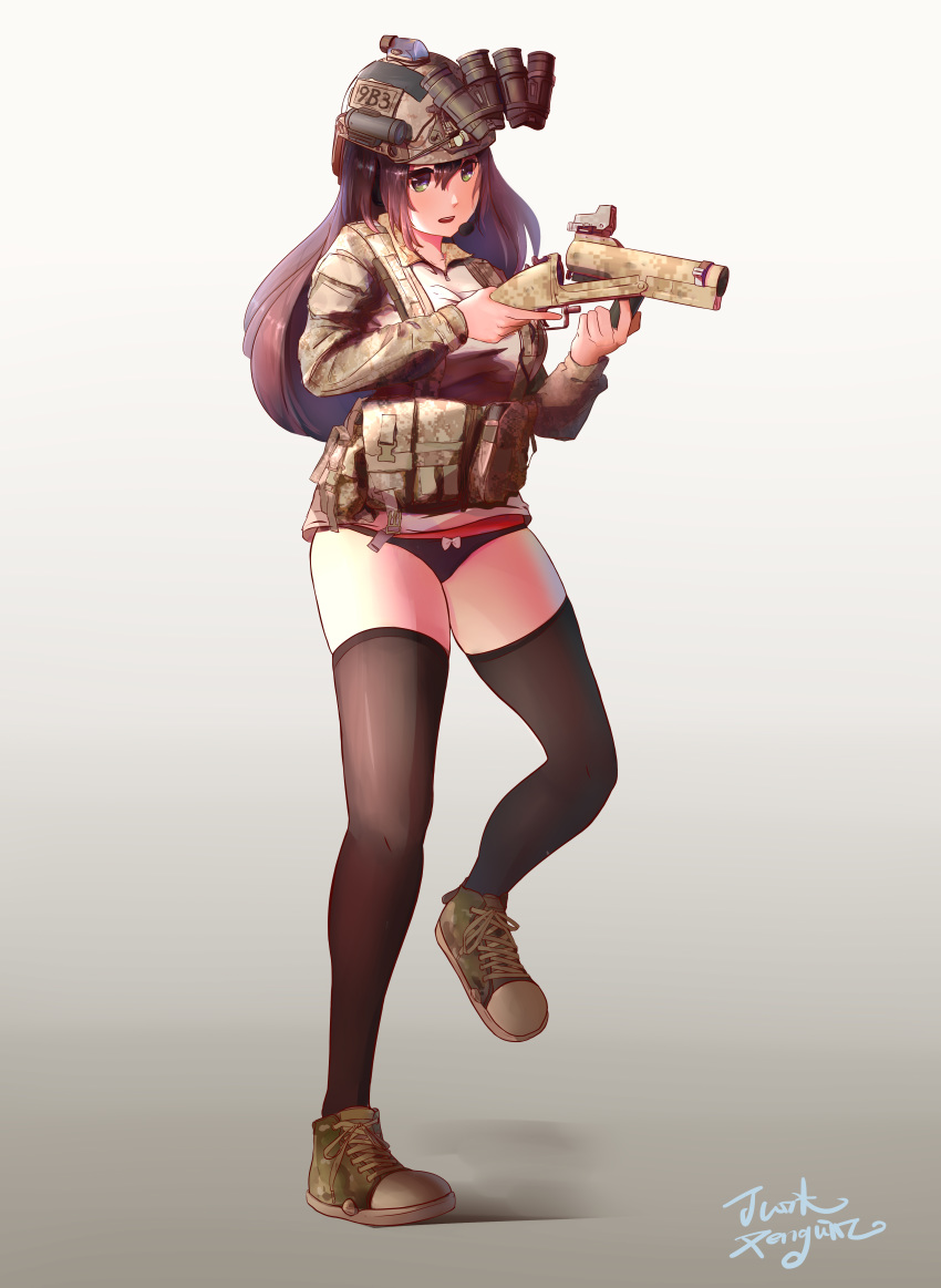 1girl absurdres black_hair black_panties camouflage commentary english_commentary full_body gradient gradient_background green_eyes grenade_launcher gun headset helmet highres holding holding_gun holding_weapon load_bearing_equipment long_hair m79 military no_pants original panties shoes skindentation sneakers solo thighhighs underwear weapon xiao_po_qie