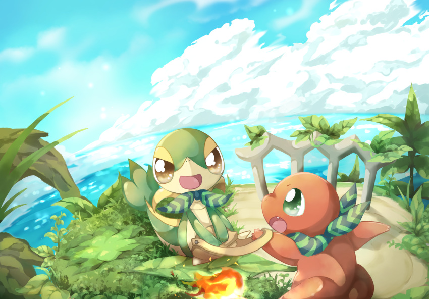 bag brown_eyes charmander cloud green_eyes hi_res nemesia/haineko nintendo outside plant pok&eacute;mon pok&eacute;mon_(species) scarf sea sky snivy video_games water