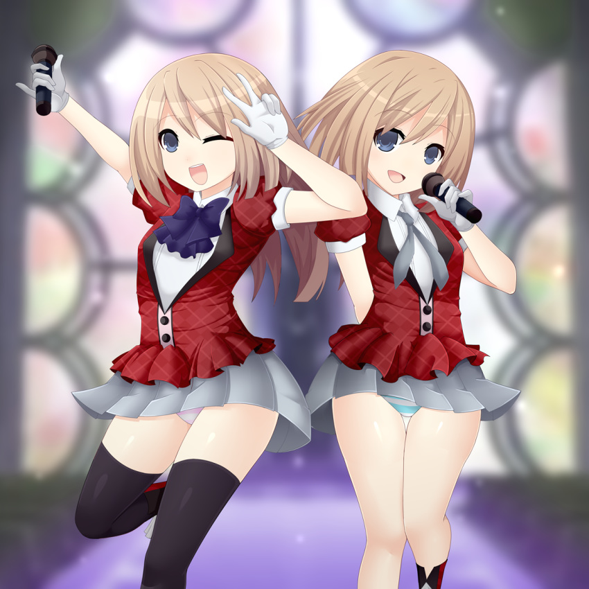 2girls :d ;d black_legwear blue_bow blue_eyes bow brown_hair checkered_jacket collared_shirt cosplay gloves green_skirt highres holding holding_microphone jacket konno_junko konno_junko_(cosplay) leg_up long_hair medium_hair microphone mizuno_ai mizuno_ai_(cosplay) multiple_girls neptune_(series) one_eye_closed open_mouth panties pantyshot pantyshot_(standing) pleated_skirt puffy_short_sleeves puffy_sleeves ram_(neptune_series) red_jacket rom_(neptune_series) santystuff shirt short_sleeves siblings sisters skirt smile stage standing striped striped_panties thigh_gap thighhighs twins underwear upper_teeth upskirt w_over_eye white_gloves white_shirt zombie_land_saga