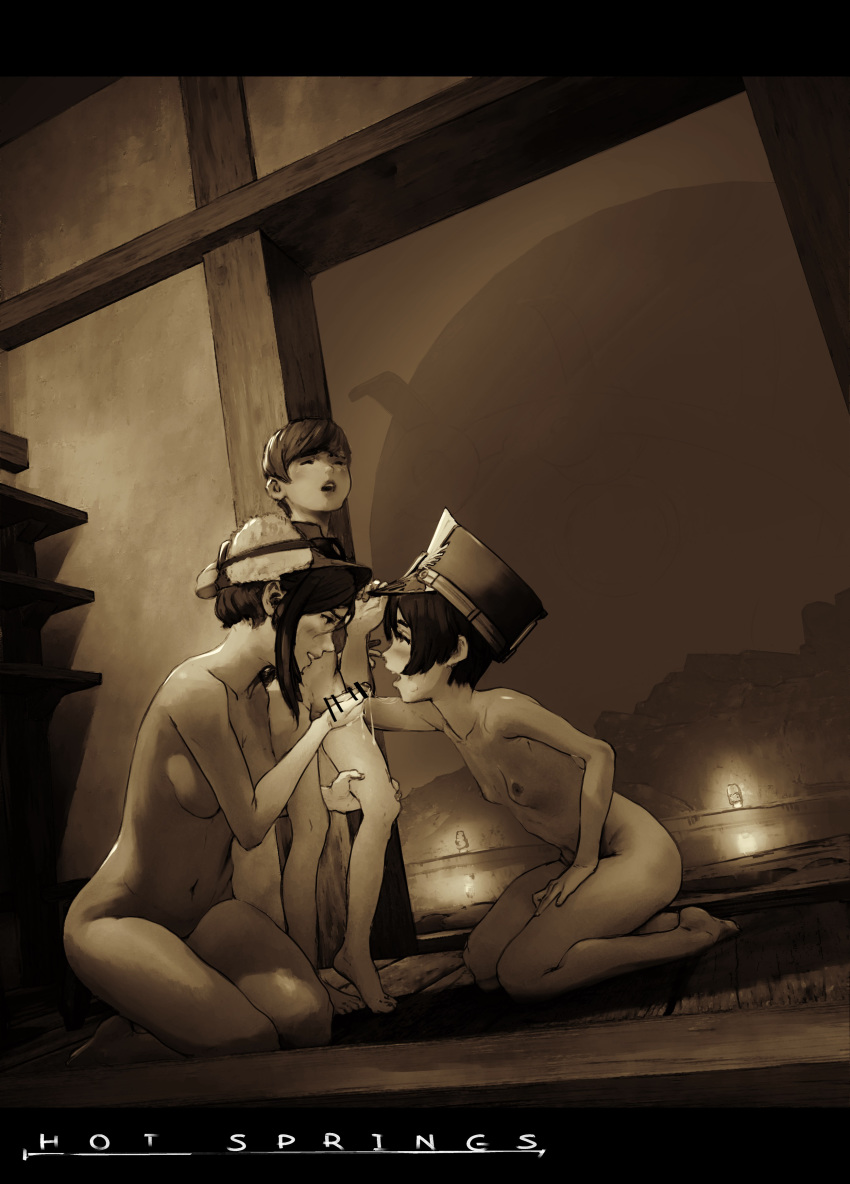 1boy 2girls absurdres age_difference bangs bar_censor breasts censored character_request cum cum_string diathorn erection full_body hat highres indoors kino kino_no_tabi kneeling legs_together looking_at_another monochrome multiple_girls navel nintendo nipples nude parted_lips penis short_hair small_breasts smile standing xenoblade_(series) xenoblade_2