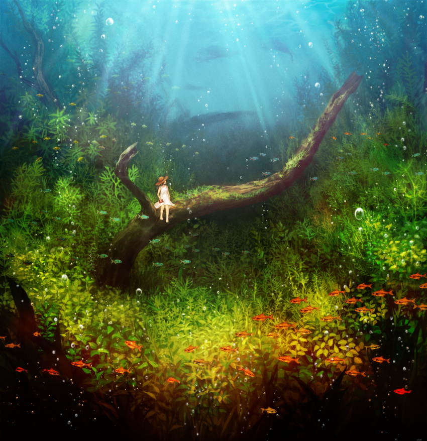 1girl air_bubble aquarium barefoot bubble dress fish hat highres light_rays minigirl original plant scenery seaweed sitting sleeveless sleeveless_dress stick submerged sun_hat sunbeam sundress sunlight toto_mame tree_branch tropical_fish underwater very_wide_shot white_dress