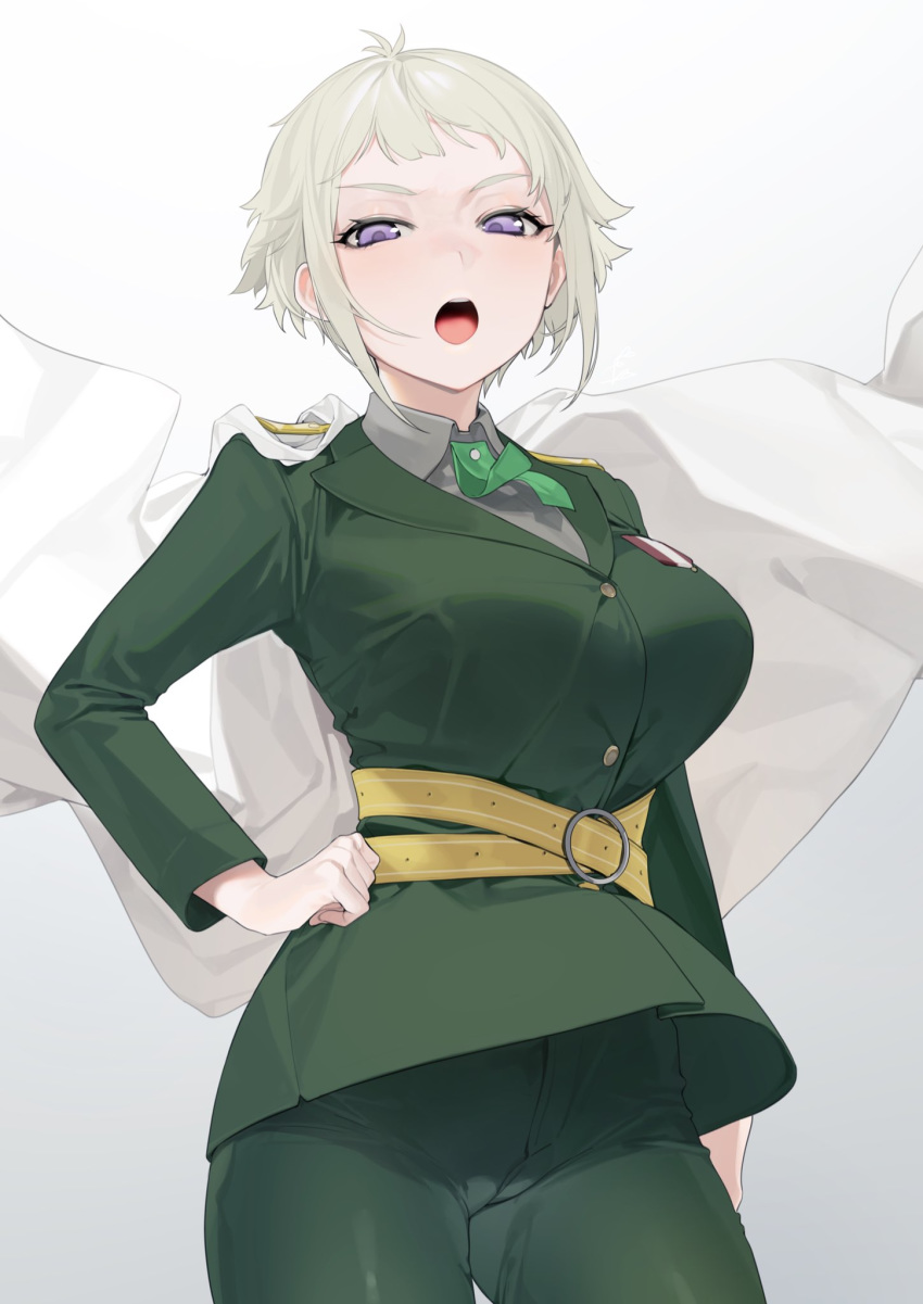 1girl belt breasts cape collared_shirt commentary_request cowboy_shot highres jacket large_breasts long_sleeves marchen_madchen maria_rasputin military military_uniform ohisashiburi open_mouth purple_eyes shirt short_hair sidelocks silver_hair solo uniform white_cape wing_collar