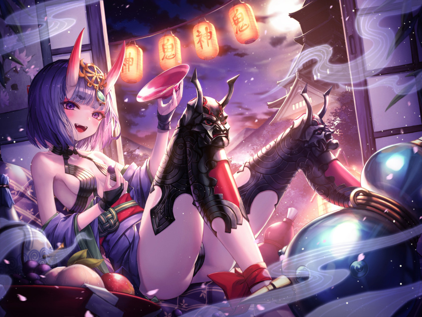 1girl absurdres apple bowl breasts chyopeuteu cleavage eyebrows_visible_through_hair fate/grand_order fate_(series) food fruit full_moon grapes highres holding holding_bowl horns indoors lantern looking_at_viewer moon night paper_lantern peach purple_eyes purple_hair short_hair shuten_douji_(fate/grand_order) sideboob sitting small_breasts solo thick_eyebrows translation_request water