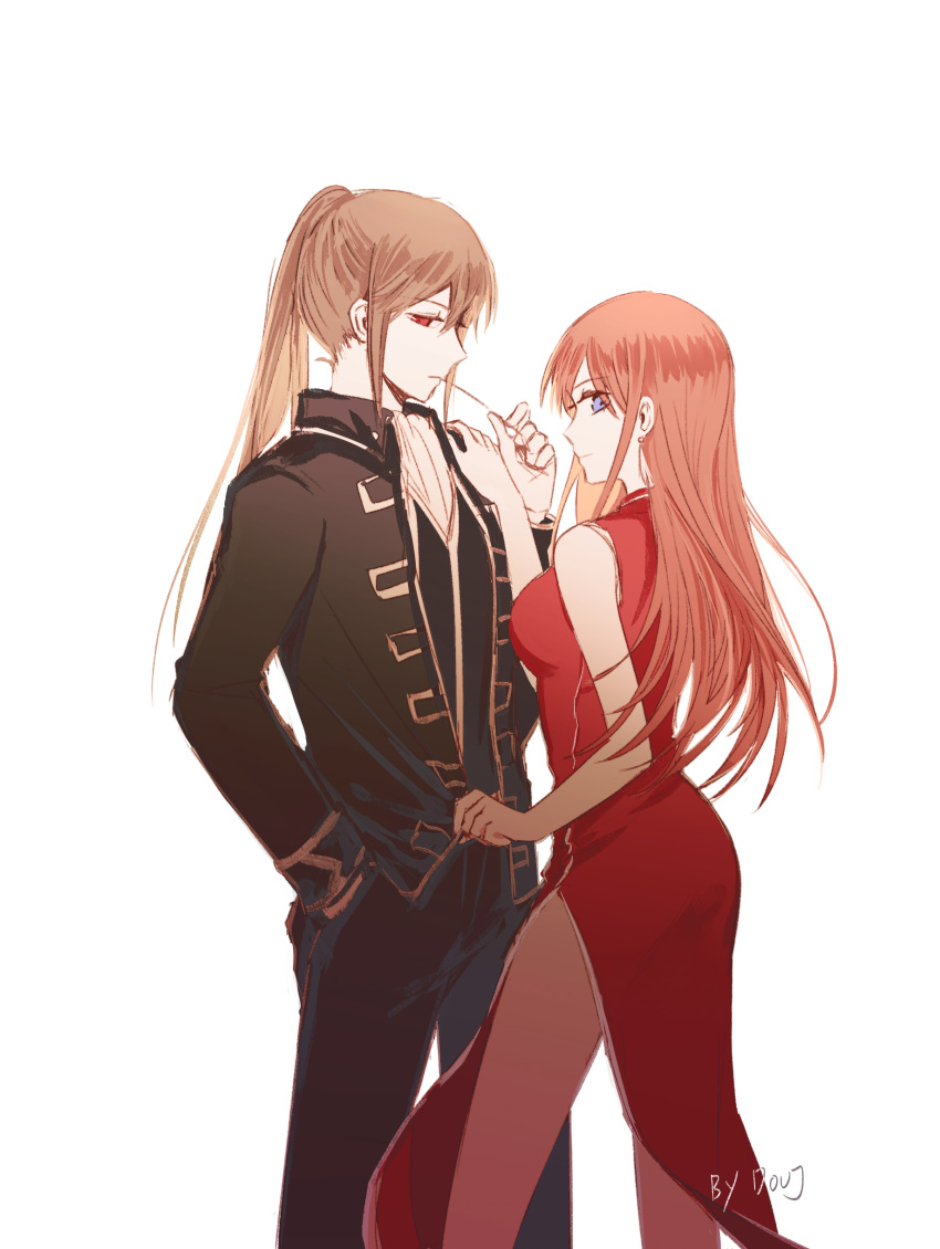 1boy 1girl absurdres artist_name black_pants blue_eyes brown_hair china_dress chinese_clothes doruje dress earrings floating_hair from_side gintama hair_between_eyes hand_in_pocket highres jewelry kagura_(gintama) long_hair okita_sougo pants profile red_dress red_eyes simple_background sleeveless sleeveless_dress standing white_background white_neckwear