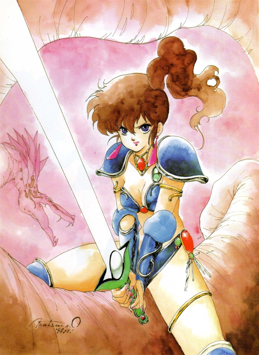 1girl 80s armlet armor asagiri_youko bikini_armor blue_eyes earrings eating genmu_senki_leda highres holding inomata_mutsumi jewelry long_hair official_art oldschool pauldrons red_hair side_ponytail solo straddling sword thigh_strap traditional_media two-handed v_arms vambraces watercolor_(medium) weapon