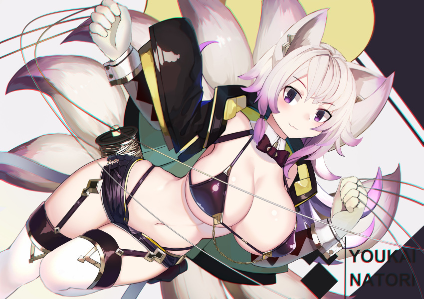 1girl :3 animal_ears artist_name bikini bikini_under_clothes black_bikini black_jacket black_shorts blush bow bowtie breasts chains cleavage closed_mouth commentary_request cropped_jacket detached_collar dutch_angle fox_ears fox_tail garter_straps gloves gradient_hair highleg highleg_bikini highres holding jacket kyuubi large_breasts leg_up long_sleeves looking_at_viewer micro_shorts multicolored_hair multiple_tails natori_youkai navel open_clothes open_fly open_jacket original purple_eyes purple_hair short_hair shorts silver_hair slit_pupils smile solo stomach swimsuit tail thighhighs thread white_gloves white_legwear wing_collar