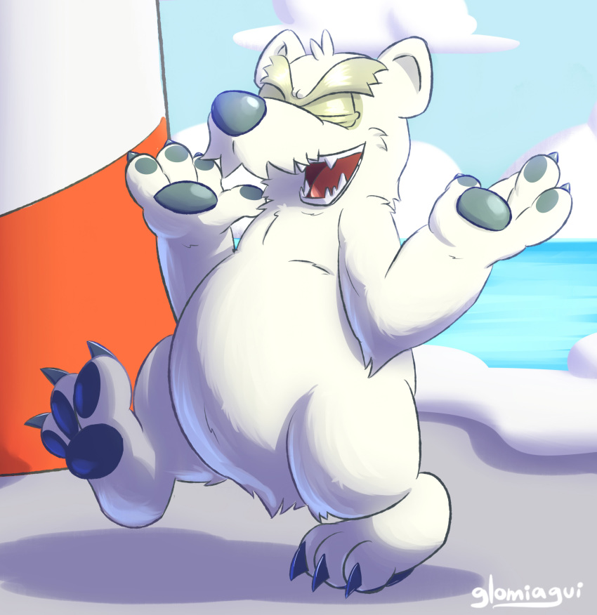 2017 3_toes absurd_res anthro claws cloud club_penguin eyebrows eyes_closed fur glomiagui herbert_p._bear hi_res lighthouse male mammal outside pawpads polar_bear sea sharp_teeth shrug signature snow solo teeth toe_claws toes ursid ursine video_games water white_fur