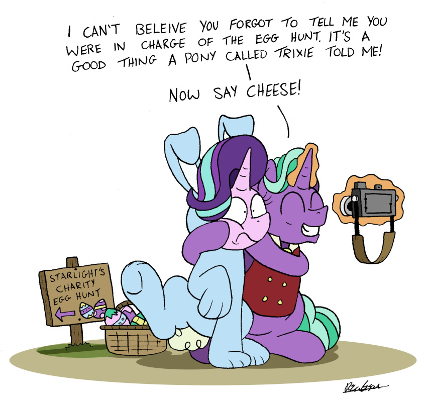 2019 bobthedalek bunny_costume camera costume easter_egg egg_hunt equid firelight_(mlp) friendship_is_magic glowing hi_res horn levitation magic mammal my_little_pony selfie starlight_glimmer_(mlp) unicorn