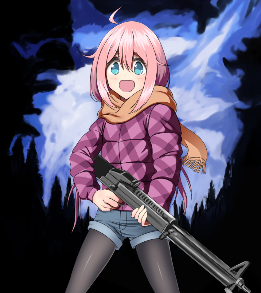 1girl :d bangs black_legwear blue_eyes blue_shorts blush brown_scarf commentary_request eyebrows_visible_through_hair fringe_trim gun hair_between_eyes highres holding holding_gun holding_weapon jacket john_rambo kagamihara_nadeshiko light_machine_gun long_hair long_sleeves looking_at_viewer m60 open_mouth pantyhose pink_hair pink_jacket plaid_jacket rambo scarf short_shorts shorts smile solo standing taka_(takahirokun) v-shaped_eyebrows very_long_hair weapon yurucamp