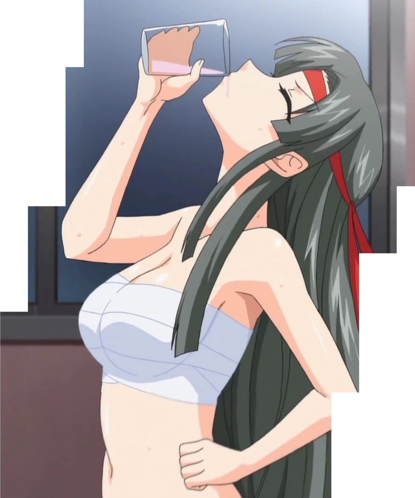 1girl absurdres bandage bandages_around_chest bare_shoulders blush breasts cleavage drinking eyes_closed glass grey_hair headband highres large_breasts long_hair midriff paizuri_cheerleader_vs_sakunyuu_ouendan red_headband solo stitched t-rex_(animation_studio) third-party_edit