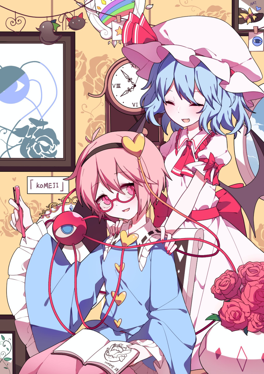 2girls :d ^_^ artist_request ascot bangs bat_wings bespectacled black_hairband blue_hair blue_shirt blush book chair clock closed_eyes eyebrows_visible_through_hair eyes_closed fang feet_out_of_frame floral_print flower frilled_shirt_collar frilled_sleeves frills glasses hair_between_eyes hair_ornament hairband hand_up hands_on_another's_shoulders hat hat_ribbon head_tilt heart heart_hair_ornament highres holding holding_book holding_pen indoors kaenbyou_rin kaenbyou_rin_(cat) komeiji_satori long_sleeves looking_at_viewer mob_cap multiple_girls nail_polish open_mouth pen picture_frame pink_eyes pink_hair pink_skirt pot puffy_short_sleeves puffy_sleeves red-framed_eyewear red_flower red_nails red_neckwear red_ribbon red_rose red_sash reiuji_utsuho reiuji_utsuho_(bird) remilia_scarlet ribbon ribbon-trimmed_collar ribbon_trim roman_numerals rose sash shirt short_hair short_sleeves sitting skirt smile touhou white_headwear wide_sleeves window wings