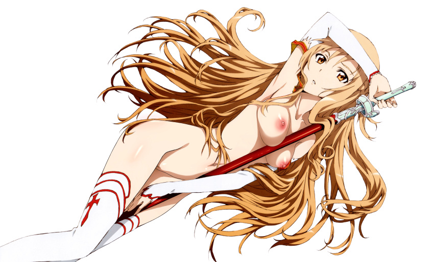 1girl absurdres arm_at_side arm_on_head armpits arms_up asuna_(sao) bangs boots breasts brown_eyes brown_hair edited highres holding holding_sword holding_weapon long_hair long_sleeves looking_at_viewer lying medium_breasts navel nipples nude on_back open_mouth pussy solo sword sword_art_online thigh_boots thighhighs third-party_edit weapon