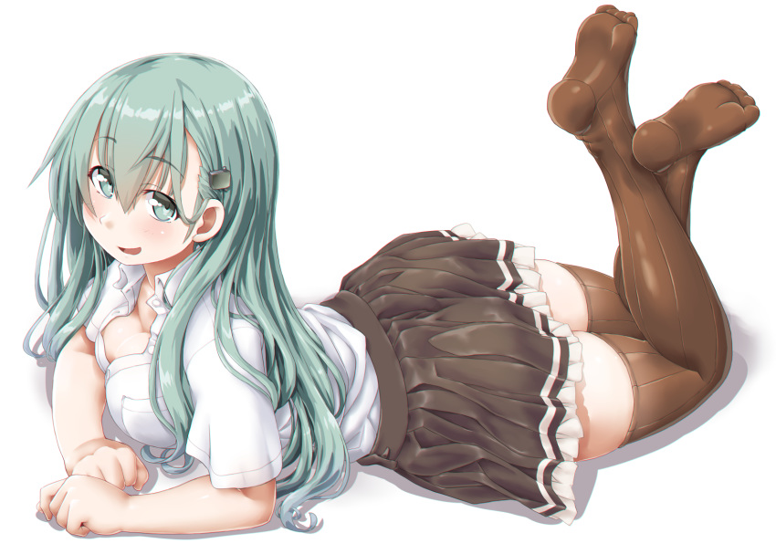 1girl aqua_eyes aqua_hair arm_support ass blush breast_press breasts brown_legwear brown_skirt cleavage dd_(ijigendd) eyebrows_visible_through_hair hair_between_eyes hair_ornament hairclip highres kantai_collection legs_crossed long_hair looking_at_viewer lying medium_breasts on_stomach open_mouth pleated_skirt school_uniform shadow shirt short_sleeves skirt smile solo suzuya_(kantai_collection) thighhighs white_shirt