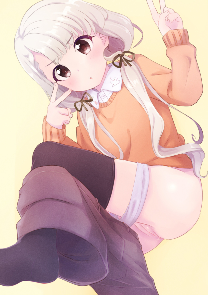 1girl ass bangs beige_background black_legwear blush brown_eyes brown_ribbon brown_shorts brown_sweater cleft_of_venus collared_shirt commentary_request double_v dress_shirt eyebrows_visible_through_hair fingernails grey_hair hair_ribbon hands_up hayyan highres hisakawa_nagi idolmaster idolmaster_cinderella_girls long_hair long_sleeves low_twintails panties panty_pull parted_lips pussy ribbon shirt short_shorts shorts shorts_pull simple_background skindentation sleeves_past_wrists solo sweater thighhighs twintails underwear v very_long_hair white_panties white_shirt