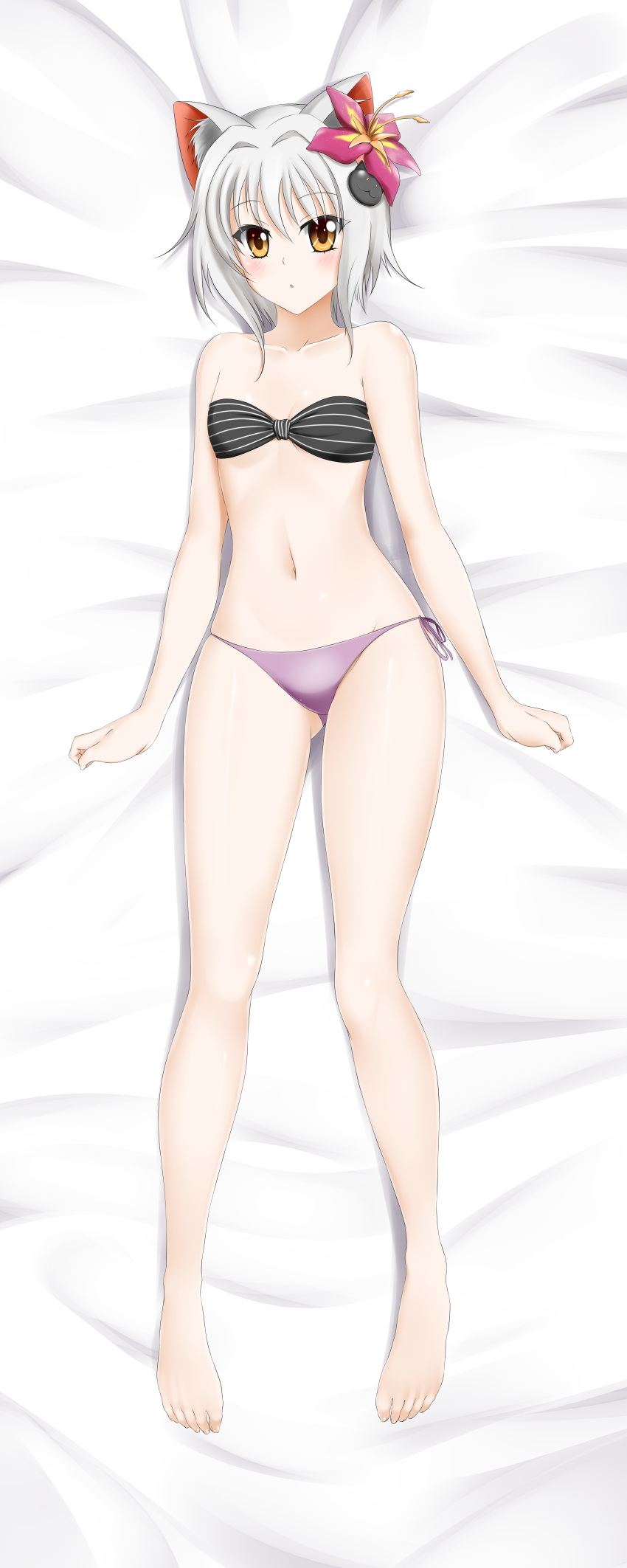1girl absurdres alfred_cullado animal_ears barefoot bed_sheet bikini black_bikini blush breasts brown_eyes cat_ears cat_hair_ornament cleavage collarbone dakimakura eyebrows_visible_through_hair flower from_above full_body gluteal_fold hair_between_eyes hair_flower hair_ornament high_school_dxd highres incredibly_absurdres looking_at_viewer lying navel on_back on_bed paid_reward patreon_reward purple_bikini_bottom purple_flower short_hair side-tie_bikini silver_hair small_breasts solo strapless strapless_bikini swimsuit toujou_koneko underboob