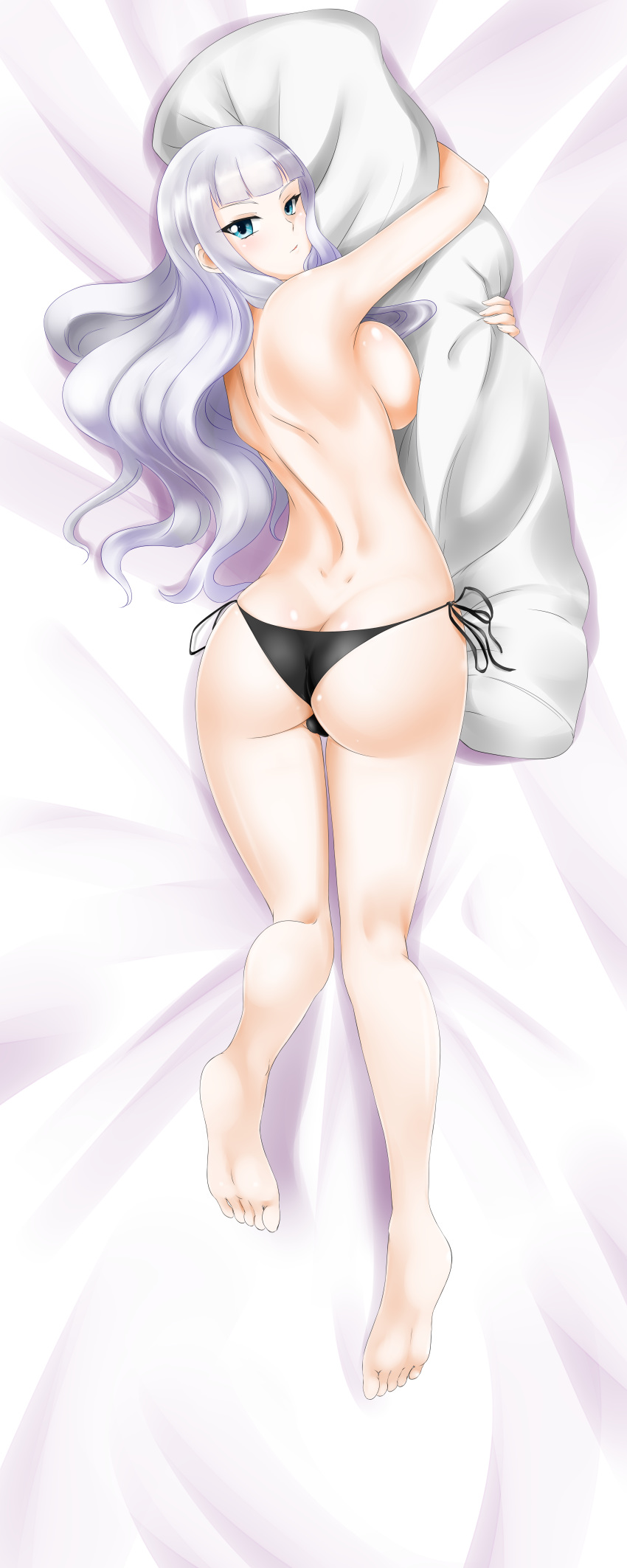 1girl absurdres alfred_cullado ass bangs barefoot bed_sheet bikini black_bikini_bottom black_ribbon blue_eyes blunt_bangs breast_press breasts dakimakura dakimakura_(object) from_above full_body high_school_dxd highres incredibly_absurdres large_breasts long_hair looking_at_viewer looking_back lying nude on_bed on_stomach paid_reward patreon_reward pillow pillow_hug ribbon shiny shiny_hair shiny_skin shoulder_blades side-tie_bikini sideboob silver_hair soles solo swimsuit very_long_hair