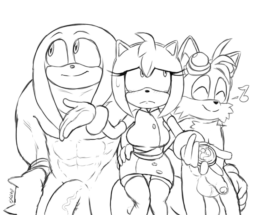 2019 abs amy_rose anthro balls big_penis canid canine clothing echidna excito eyes_closed female fox gloves group hand_on_waist hi_res holding_object male mammal monotreme musical_note penis shirt sitting sketch skirt smile sonic_(series) sonic_boom sweat sweatdrop topwear waist_grab