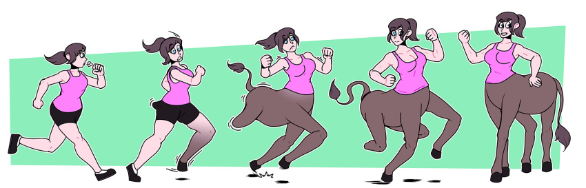 2019 artist-chan athletic breasts centaur clothing equid equine equine_taur female hi_res hooves human human_to_taur mammal ponytail running sequence shirt simple_background smile solo surprise tail_growth taur topwear transformation