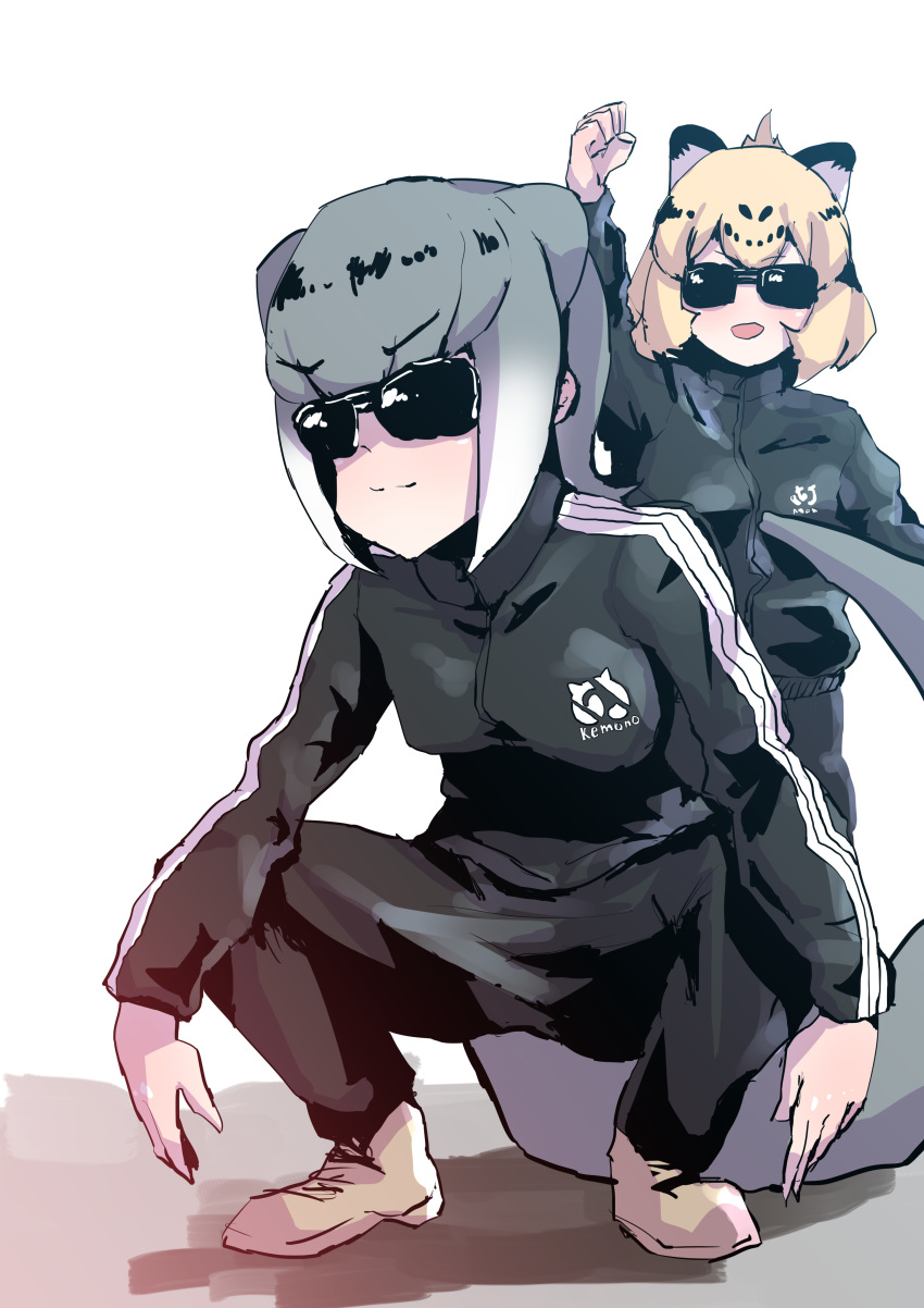 2018 5_fingers absurd_res animal_humanoid asian_small-clawed_otter_(kemono_friends) biped black_clothing black_ears black_hair black_markings black_spots blonde_hair blush breasts cheering clothed clothing crouching digital_drawing_(artwork) digital_media_(artwork) duo eyebrow_through_hair eyebrows eyewear felid felid_humanoid female fist footwear fully_clothed grey_hair grey_tail hair hair_markings hi_res humanoid humor inner_ear_fluff jaguar_(kemono_friends) jaguar_humanoid japanese kemono_friends light light_skin lighting long_tail looking_at_another mammal markings multicolored_hair mustelid mustelid_humanoid open_mouth open_smile otter_humanoid pantherine pantherine_humanoid pose raised_arm s&uuml;leym&lambda;n shadow shoes simple_background slav_squat smile smirk smug spots spotted_hair sunglasses tan_skin tracksuit translucent translucent_hair two_tone_hair white_background white_hair