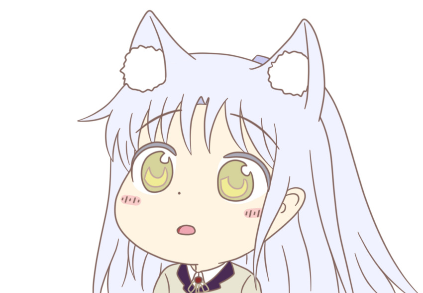 1girl angel_beats! animal_ears bangs blush cat_ears commentary commentary_request cowlick ears eyebrows_visible_through_hair from_side gyate_gyate hair_ornament hairclip jacket key_(company) long_hair looking_to_the_side neck_ribbon open_eyes open_mouth ribbon school_uniform shirt silver_hair simple_background solo taeminhyeon tenshi_(angel_beats!) upper_body white_background white_shirt yellow_eyes