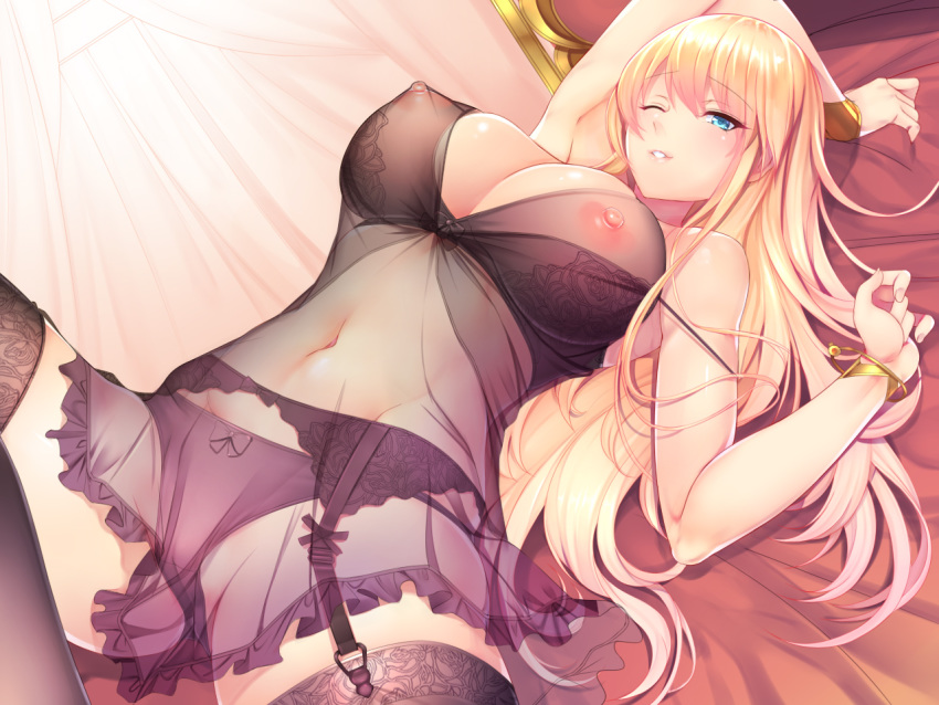 amasa-hikae bed blonde_hair blue_eyes bra breasts cleavage garter garter_belt long_hair navel nipples original panties see_through stockings underwear wink wristwear