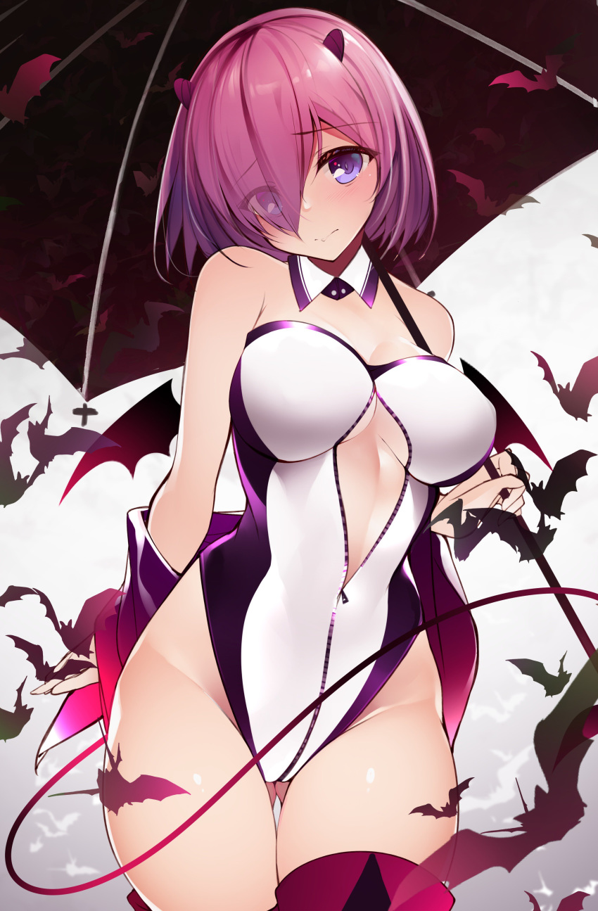 1girl absurdres bangs bare_shoulders bat blush breasts center_opening cleavage closed_mouth demon_tail detached_collar fate/grand_order fate_(series) hair_over_one_eye highres horns large_breasts lavender_hair leotard looking_at_viewer mash_kyrielight netarou off_shoulder purple_eyes short_hair solo tail thighs umbrella white_leotard