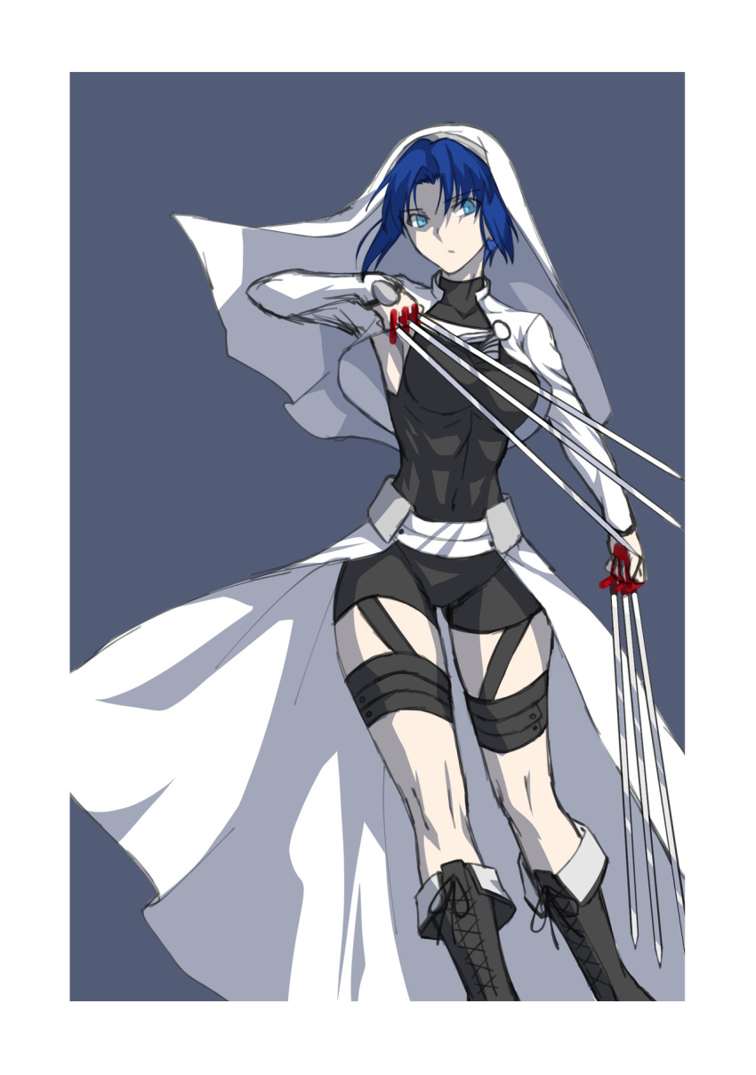 1girl axia-chan black_keys blue_background blue_eyes blue_hair bodysuit boots breasts ciel cross-laced_footwear highres knee_boots lace-up_boots medium_breasts short_hair shrug_(clothing) sketch solo tsukihime veil waist_cape white_background white_veil