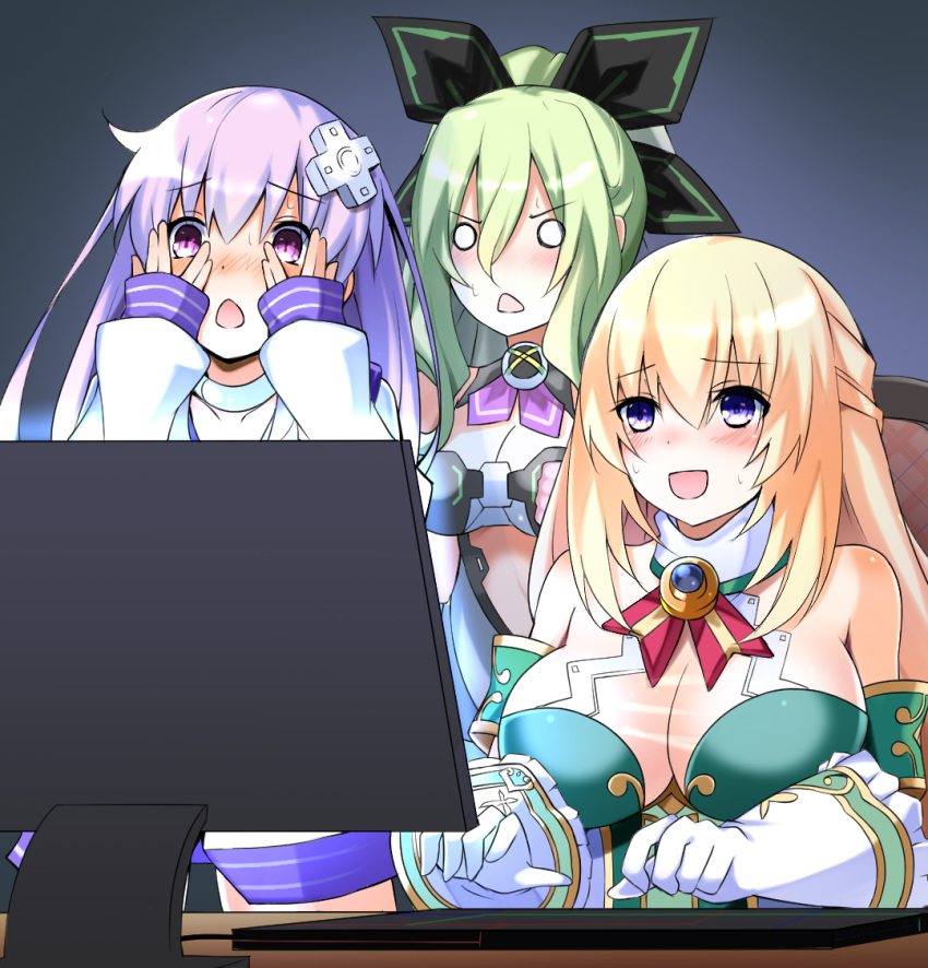 3girls at_computer bare_shoulders blank_eyes blonde_hair blush breasts chair choker cleavage commentary computer d-pad d-pad_hair_ornament doria_(5073726) dress female_pervert frilled_gloves frills gloves green_dress green_hair hair_ornament hair_ribbon hakozaki_chika hands_over_eyes happy keyboard_(computer) large_breasts long_hair monitor multiple_girls neckerchief nepgear neptune_(series) open_mouth peeking_through_fingers pervert purple_eyes purple_hair ribbon screen_light simple_background sleeves_past_wrists surprised table vert white_gloves