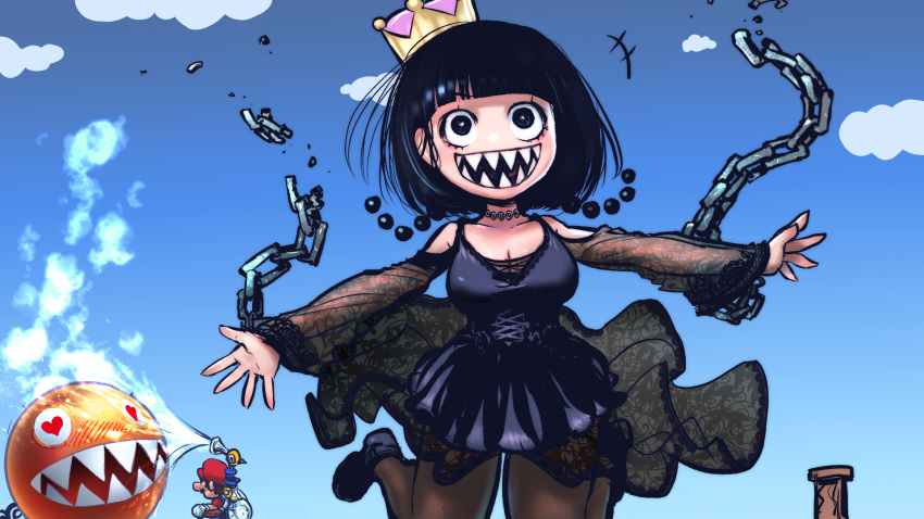 black_dress black_footwear black_hair black_legwear blue_sky bob_cut breasts broken broken_chain chain chain_chomp chains cloud dress f.l.u.d.d. heart heart_eyes highres mario mario_(series) murasaki_no_ryuuki nintendo princess_chain_chomp sharp_teeth sky super_crown super_mario_sunshine teeth