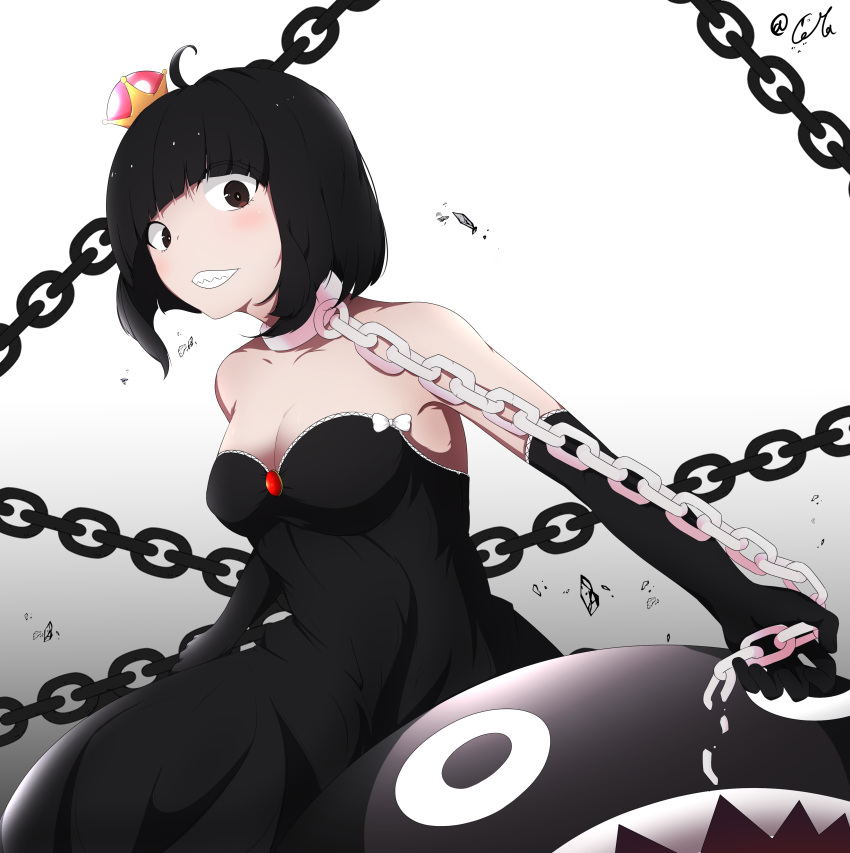 1girl absurdres asdz5555 bangs bare_shoulders black_dress black_gloves blunt_bangs blush bob_cut bow breasts broken broken_chain brown_eyes chain chain_chomp chains choker cleavage cowlick dress elbow_gloves gloves grin highres looking_at_viewer medium_breasts princess_chain_chomp red_brooch sharp_teeth sleeveless sleeveless_dress smile solo strapless strapless_dress super_crown teeth white_bow