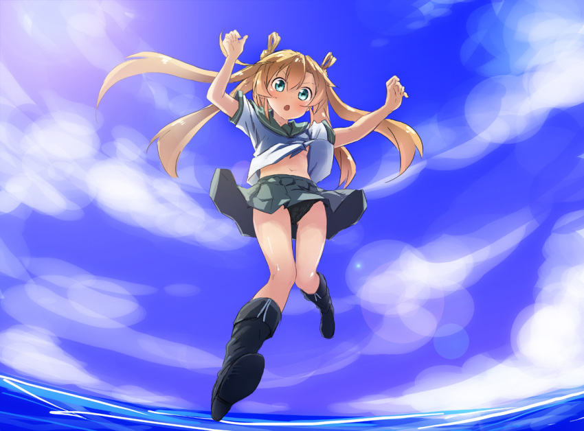 1girl abe_kanari abukuma_(kantai_collection) black_panties blonde_hair blue_eyes boots breasts double_bun from_below hair_rings kantai_collection long_hair midair no_bra panties pantyshot school_uniform serafuku skirt twintails underboob underwear