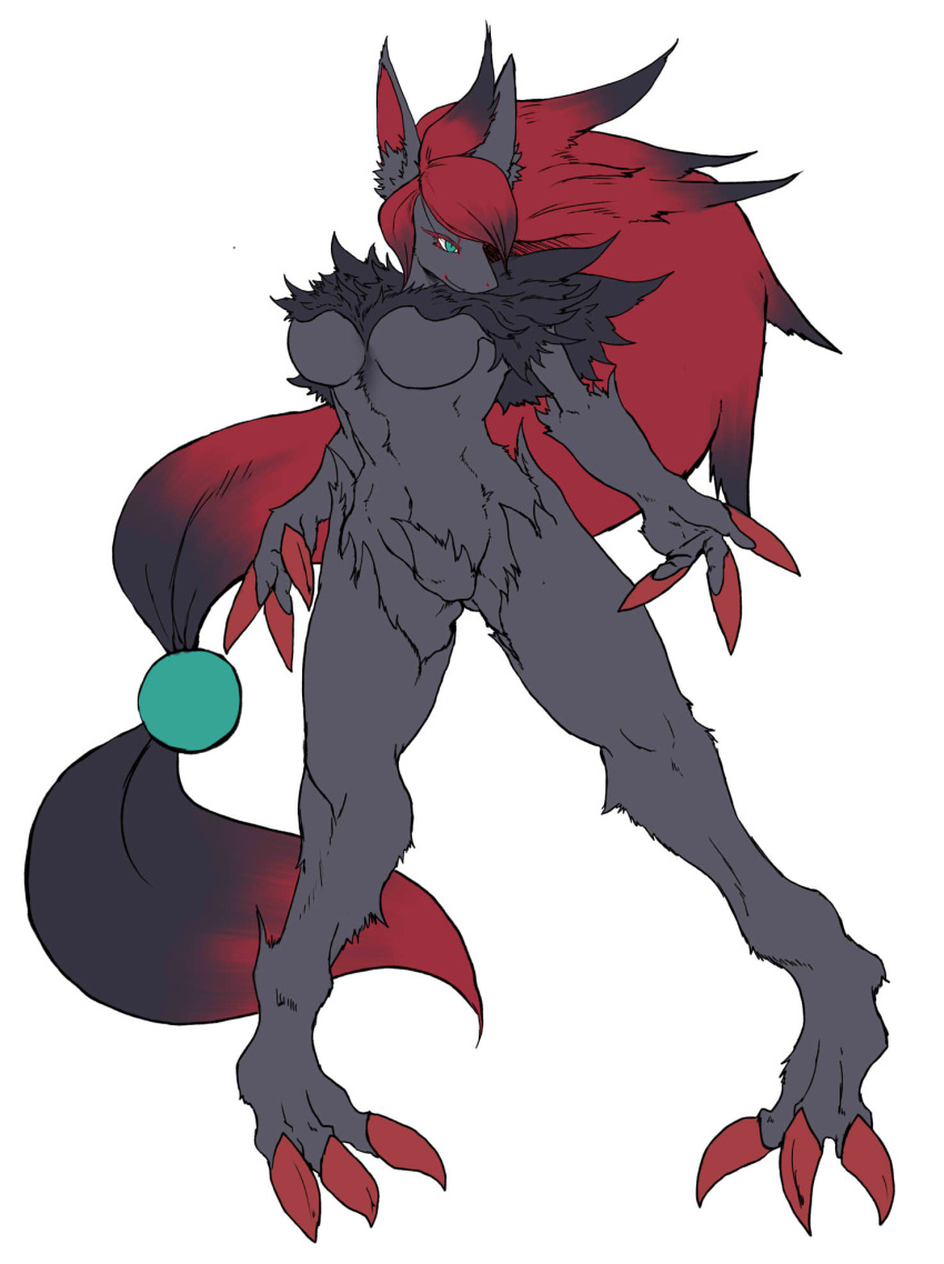 3_fingers 3_toes anthro black_fur black_hair blue_eyes breasts claws crotch_tuft ear_tuft featureless_breasts featureless_crotch female fur grey_fur hair hi_res ketsuneko long_claws long_ears long_hair multicolored_hair nintendo nude pok&eacute;mon pok&eacute;mon_(species) red_hair simple_background smile solo tied_hair toes tuft two_tone_hair video_games white_background zoroark