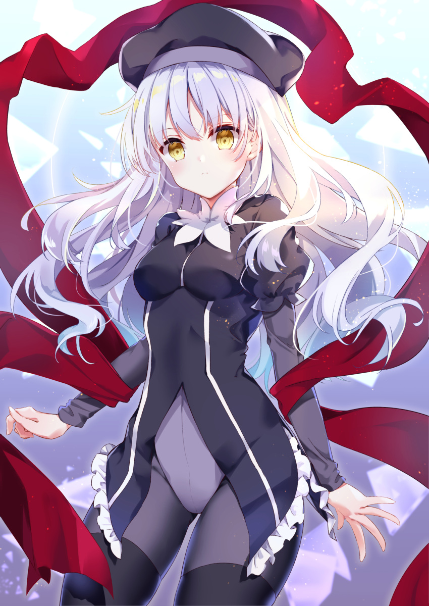 1girl bangs beret black_dress black_headwear black_legwear blue_hair breasts caren_hortensia closed_mouth commentary_request dress eyebrows_visible_through_hair fate/hollow_ataraxia fate_(series) frilled_dress frills gradient_hair grey_legwear hair_between_eyes hat head_tilt highres kisaragi_yuri leotard long_hair long_sleeves medium_breasts multicolored_hair pantyhose purple_leotard shawl solo thighband_pantyhose thighhighs thighhighs_over_pantyhose very_long_hair white_hair yellow_eyes