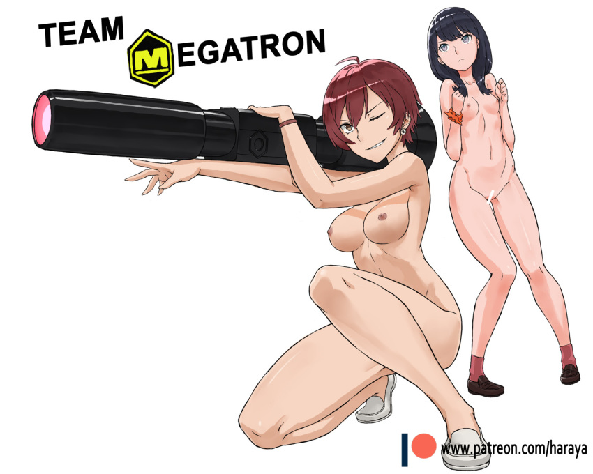 2girls areolae arm_cannon breasts cannon censored earrings fusion_cannon grey_eyes hair_between_eyes jewelry long_hair medium_breasts megatron mother_and_daughter multiple_girls nipples one_eye_closed scrunchie shoes short_hair small_breasts ssss.gridman takarada_rikka takarada_rikka's_mother transformers weapon wrist_scrunchie