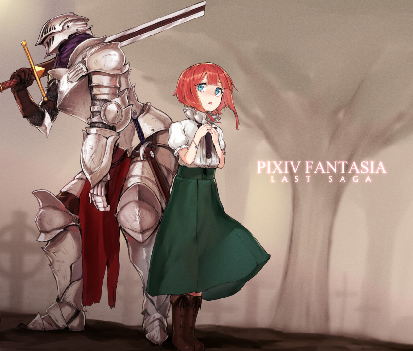 1boy 1girl :o adjusting_neckwear armor blue_eyes boots broken broken_sword broken_weapon brown_footwear brown_gloves cecilia_(pixiv_fantasia_last_saga) copyright_name fidelio_(pixiv_fantasia_last_saga) gauntlets gloves green_skirt grey_background grey_footwear helmet highres holding holding_sword holding_weapon pixiv_fantasia pixiv_fantasia_last_saga poco_(backboa) red_hair sheath shirt short_hair short_sleeves simple_background skirt standing sword weapon white_shirt