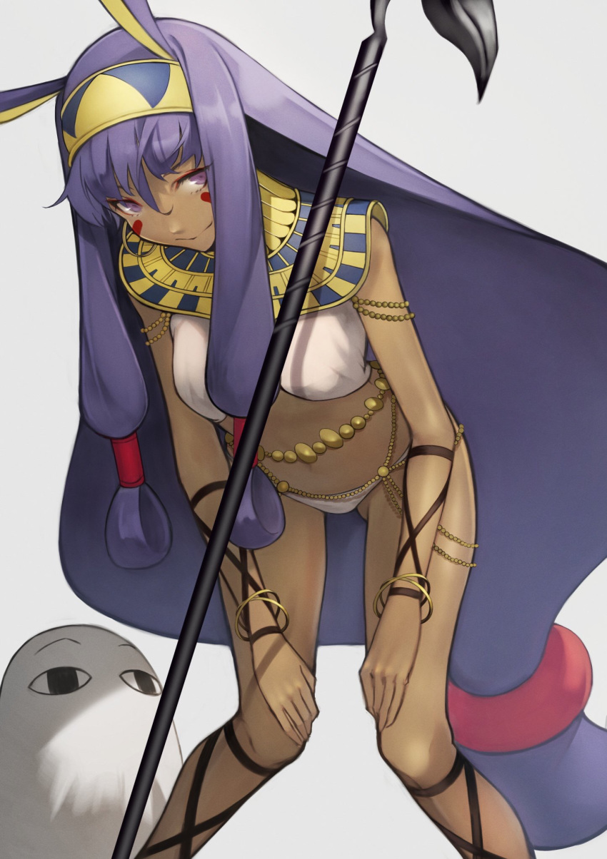 1girl 55level animal_ears bangs bare_arms bare_legs breasts dark_skin earrings facial_mark fate/grand_order fate_(series) hairband highres hoop_earrings jackal_ears jewelry large_breasts long_hair looking_at_viewer navel nitocris_(fate/grand_order) purple_eyes purple_hair sidelocks smile solo staff very_long_hair