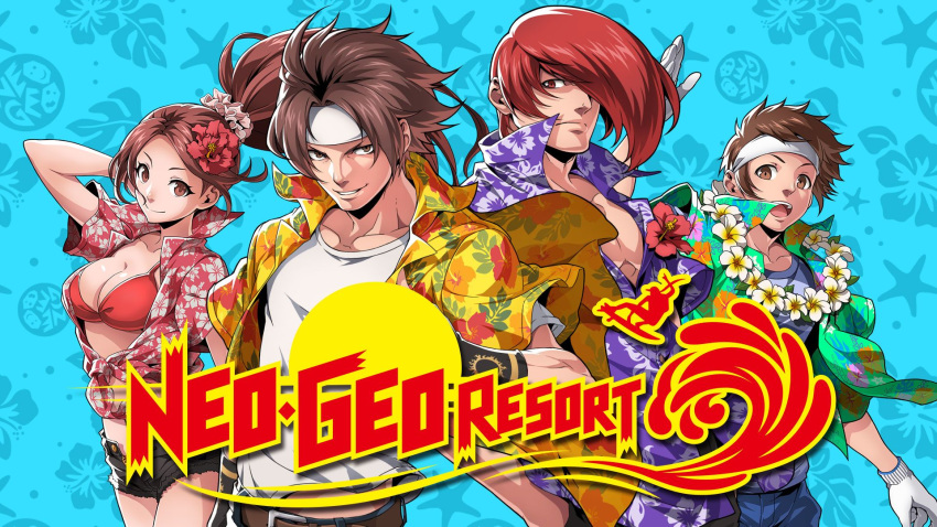 1girl 3boys artist_request bikini_top breasts brown_eyes brown_hair casual cleavage commentary_request cutoffs flower gloves hair_flower hair_ornament hair_over_one_eye hair_scrunchie hawaiian_shirt hibiscus highres kusanagi_kyou lei looking_at_viewer male_focus multiple_boys neo_geo_resort official_art pectorals ponytail popped_collar red_bikini_top red_eyes red_hair scrunchie shiranui_mai shirt short_hair shorts snk tank_top the_king_of_fighters white_gloves white_headband yabuki_shingo yagami_iori