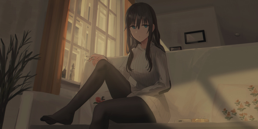 black_hair blue_eyes chihuri405 cigarette couch dark elizabeth_f_beurling long_hair pantyhose smoking strike_witches