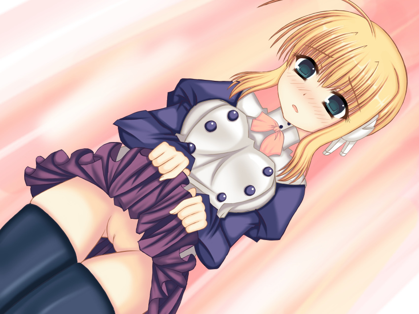 1girl absurdres blonde_hair green_eyes highres pussy silfa skirt skirt_lift to_heart to_heart_2 to_heart_2_ad