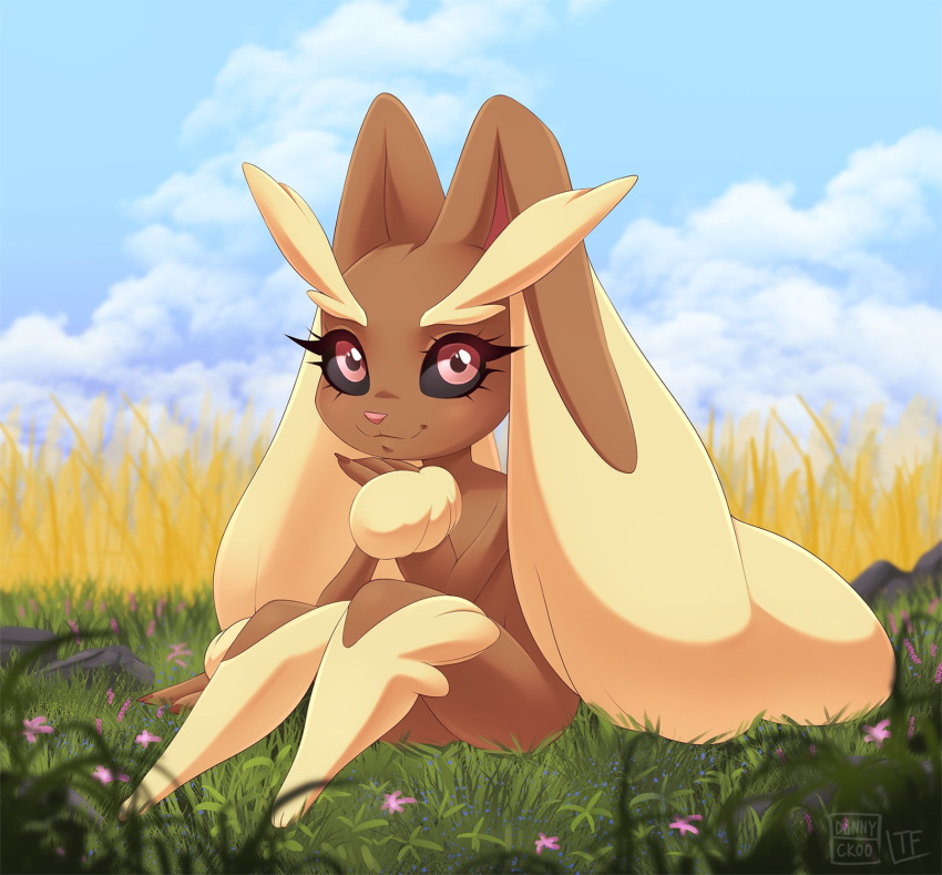 2019 anthro arm_support big_eyes black_sclera cute_eyes cute_face dannyckoo eyelashes female flower fur grass hi_res lagomorph long_ears looking_at_viewer lopunny mammal nails nintendo nude on_ground outside plant pok&eacute;mon pok&eacute;mon_(species) red_eyes sitting sky smile solo video_games