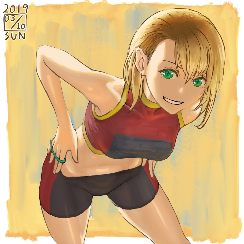 1girl 2019 alice_garnet_nakata bike_shorts blonde_hair breasts dated earrings green_eyes grin hair_ornament hair_scrunchie highres ikeda_(cpt) jewelry leaning_forward looking_at_viewer medium_breasts midriff navel scrunchie scrunchie_removed short_hair smile solo sports_bra sportswear the_king_of_fighters the_king_of_fighters_xiv